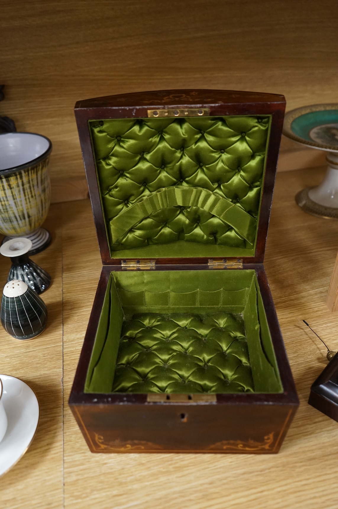 A 19th century rosewood and inlaid silk lined box, a small VAP timepiece and a carved page turner, largest 22cm wide